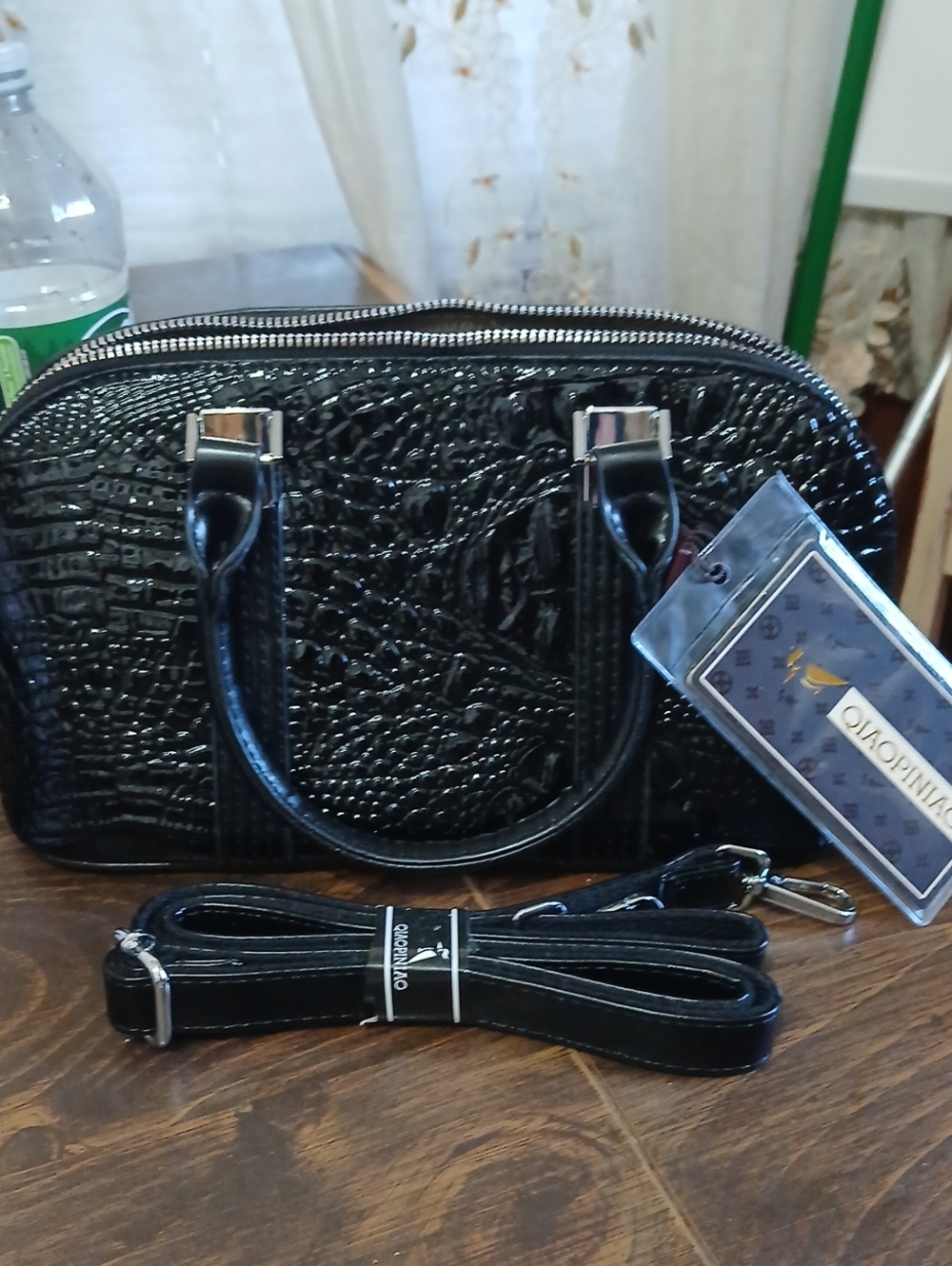 Textured Black Faux-Leather Satchel with Removable Strap
